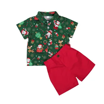 0-6 Yıl Erkek Bebek Noel Giysileri Set Çocuklar Kısa Kollu Baskı Gömlek Toddler Kırmızı Şort Gentalmen Takım Elbise Çocuk Santa Kıyafet