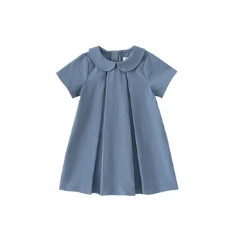 1-7 Yıl Bebek Kız Prenses Elbiseler Yaz Mavi Renk Kısa Kollu Çocuk Elbise Kız Saf Pamuk Elbise Çocuk Giyim