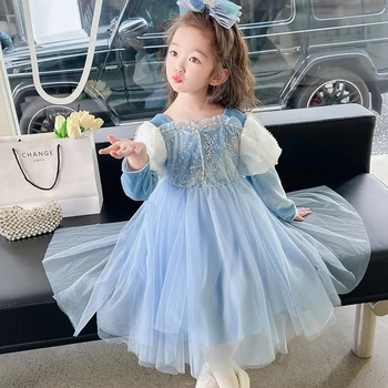 1-9T Kız Prenses Elbise Uzun Kollu Pamuklu Elbise Çocuk Kız için Kış Peluş İnci Elbise Çocuk Akşam Parçası Elbise Kız için