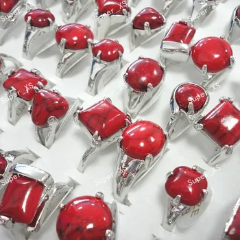 10 Adet Bütün Kırmızı Taş Gümüş Kaplama Yüzükler Kadınlar İçin Moda Takı Toplu Sürü LR159