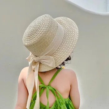 2-6Y Yaz Kız Hasır Şapka Çocuklar Buket Şapka Büyük Yaylar Dantel Prenses Kız güneş şapkası Büyük Ağız Çocuk güneş koruma kapağı