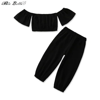 2 adet Bebek Kız Giyim Seti Yaz Kız Siyah Puf Kollu Üstleri + Uzun Pantolon Çocuk Moda Giyim Setleri