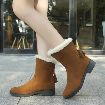 2023 Kış Ayakkabı Kadın Slip - on kadın Orta Buzağı Çizmeler Yuvarlak Ayak Açık rahat ayakkabılar Bayanlar Sıcak Artı Boyutu bayan Botları