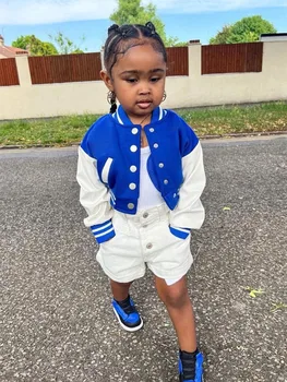 2023 Kış Unisex Çocuk Ceketleri Erkek Bebek Kız Elbise Mavi Beyzbol Kırpılmış Ceket Streetwear Y2K Tiki Bombacı üniversite ceketleri