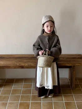 2023 Sonbahar Yeni Çocuk Uzun Kollu Kazak Ceket Sevimli Bebek Kız Katı Casual Tops Çocuklar Gevşek Örme Hırka Ceket Elbise