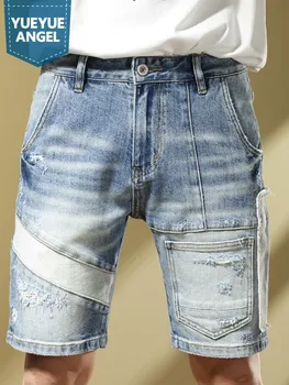 2023 Yaz Erkek Kot Şort Slim Fit Düğme Fly Streetwear Patchwork Düz Açık Mavi Diz Boyu Moda Erkekler günlük kot