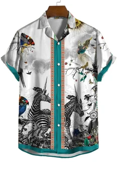 2023 Yeni erkek gömleği kısa kollu tişört Küba Moda Hayvan Baskı Gömlek Casual Polo Yaka Sosyal havai gömleği Yaz erkek