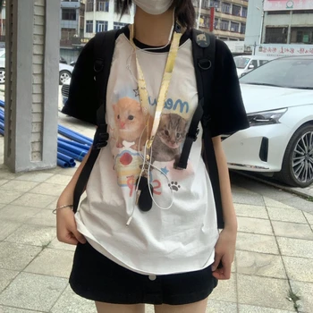 2023 Öğrenci Yaz Karikatür Y2k Estetik Gömlek Tatlı Kawaii Kedi Baskı Kadın T-shirt Gevşek Rahat Tüm Maç Tee Gömlek Femme