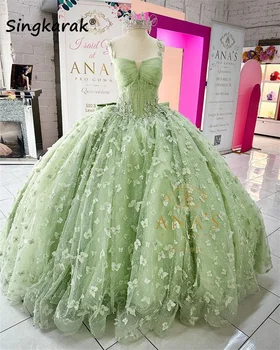 Adaçayı Yeşil Prenses Balo Quinceanera Elbiseler Yay Boncuklu Kelebek Aplikler Sequins Kristaller Tatlı 16 Elbise Vestidos
