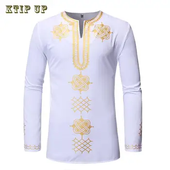 Afrika Tribal Dashiki Longline Gömlek Marka Yeni İnce Uzun Kollu Mandarin Yaka Elbise Gömlek Erkekler İslam Giyim Camisa Müslüman
