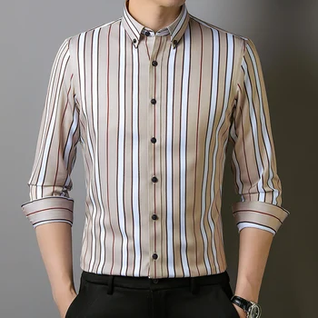 Akıllı Rahat Tam gömlek erkekler için slim fit resmi düz gömlek elastik çizgili uzun kollu üstleri yumuşak ofis iş giyim ropa