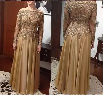 Altın A-Line Zarif anne Gelin Elbiseler Flowy Şifon Dantel Süpürgelik Üst Kapalı Omuz Düğün ve Galalar için Mükemmel