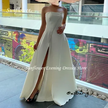 Ayçiçeği Straplez Balo elbisesi A-LİNE Abiye İnce Saten Parti Elbise 2023 Yan Bölünmüş Kat Uzunlukta Özel