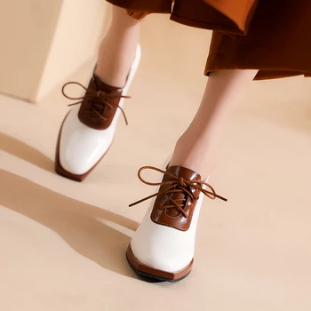 Bayan Ayakkabıları 2023 Zarif Temel kadın Yüksek Topuklu Retro Elbise Pompaları Kadın Renk Eşleştirme Dantel-up Kare Ayak Topuklu kadın ayakkabısı