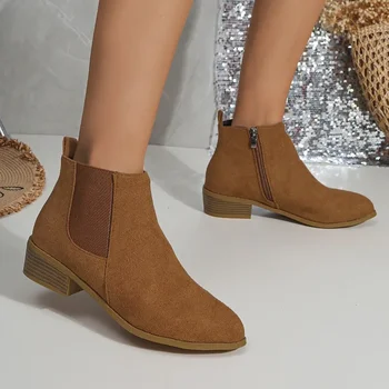 Bayan Ayakkabıları Satılık 2023 Yüksek Kaliteli Ayak Bileği bayan Botları Retro Modern Çizmeler Kadın Sivri Burun Yan Zip Kare Topuk Ayakkabı Kadın