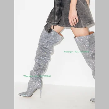 Bayan Bling Rhinestone Sequins Tasarım Uyluk Çizmeler Stiletto Topuk Seksi Sivri Burun Pilili Çizmeler Parti Elbise Ayakkabı Sonbahar kış botu
