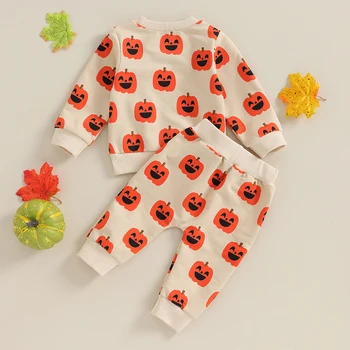 Bebek Kız Erkek Cadılar Bayramı Kıyafet Kabak Baskı Uzun Kollu Tişörtü Pantolon 2 Adet Güz Giysi Set