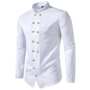 Beyaz Kruvaze Smokin Gömlek Erkekler 2023 Marka Uzun Kollu Standı Yaka Elbise Gömlek Erkekler Parti Düğün Balo Chemise Homme XXL