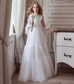Beyaz Uzun Kollu Çiçek Kız Elbise Düğün için Prenses Çocuk Akşam Parti Balo İlk Communion Pageant Doğum Günü balo elbisesi