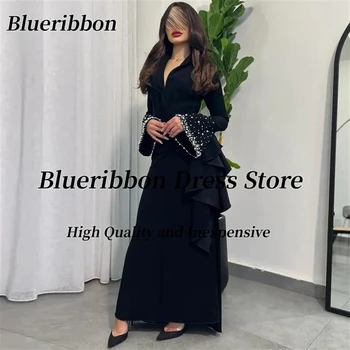 Blueribbon Moddle Doğu Bayanlar Siyah balo kıyafetleri V Boyun Boncuklu Uzun Kollu Abiye giyim Fermuar Geri Düğün Ziyafet Elbise
