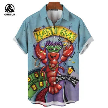 Brezilya Mardi Gras Gömlek Büyük Boy Erkek Yaz Yaka Gömlek 3d Grafik Tatil Kısa Kollu Kazak erkek Streetwear Rahat Üst