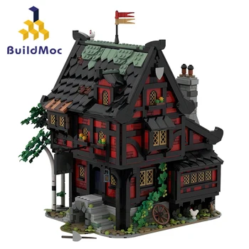 BuildMoc Ortaçağ Haçlı Inn Hostel Yapı Taşları Set Aslan Şövalyeleri Kale Tavern Tuğla Oyuncak Çocuklar İçin Çocuk doğum günü hediyesi