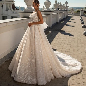 Büyüleyici Tül A-Line düğün elbisesi Zarif Scoop Yaka gelinlikler Tankı Dantel Aplike Gelin Elbiseler Vestidos De Novia