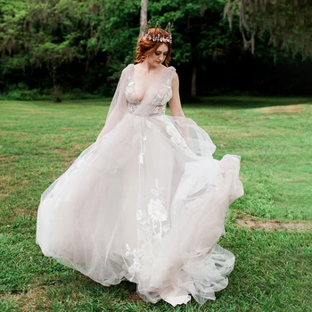 Derin V Yaka Kesikler Çiçek Aplikler gelinlikler Custom Made Tül Dantel Aç Geri Rustik Uzun Firar Düğün Parti Elbise