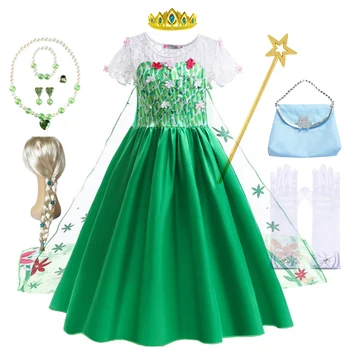 Elsa Cosplay Çocuk Giysileri Prenses Elbise Bebek Kız Yeşil Elbise Çiçek Elsa Kostüm