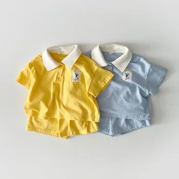Erkek Yaz Moda Polo spor seti Çocuk Basit turn-aşağı yakalı tişört Katı Gevşek İnce Pamuklu Şort 2 adet Takım Elbise