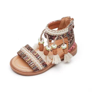 Etnik Retro Çocuk Moda rahat ayakkabılar Püsküller 2023 Geri Fermuar Yaz Yeni Nefes Kızlar Sandalet Çocuklar Desen GLADYATÖR