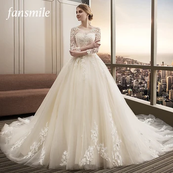 Fansmile Lüks Uzun Tren Vestido De Noiva Dantel düğün elbisesi 2023 Özelleştirilmiş Artı Boyutu Gelinlikler Gelin Elbise FSM-482T