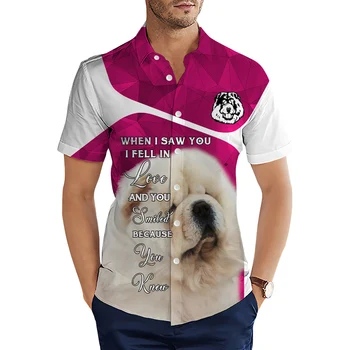 HX Moda erkek Gömlek Hayvan Köpek Chow Chow Beyaz 3D Baskılı Casual Gömlek Yaz Kısa Kollu Plaj Gömlek Erkekler için giyim
