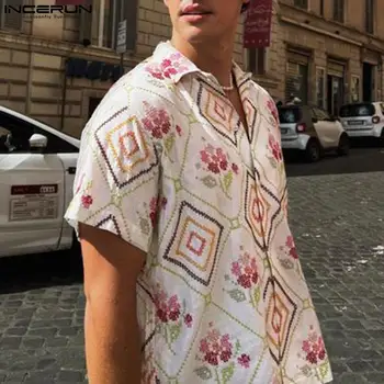 INCERUN Üstleri 2023 Amerikan Tarzı Yeni erkek Moda Baskılı Desen Bluz Casual Streetwear Erkek Kısa Kollu Gömlek S-5XL