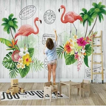 Iskandinav ahşap tahıl flamingo yaprak çiçek bitki TV arka plan duvar resimleri yatak odası oturma odası Özel duvar resimleri 3d duvar kağıdı duvarlar için