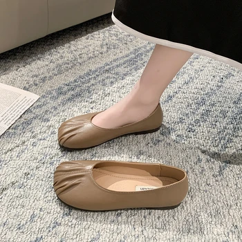 Kadın ayakkabısı 2023 Marka Yuvarlak Kafa kadın Flats Açık Yeni Stil Loafer'lar Düz Katı Kırışıklık Kadın Rahat düz ayakkabı