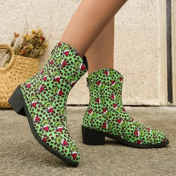 Kadın ayakkabısı Satılık 2023 Geri Zip Ayak Bileği kadın Botları Zarif Günlük Çizmeler Kadın Baskı Yuvarlak Ayak Kare Topuk Trend Ayakkabı Kadın