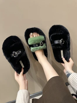 Kadın ayakkabısı Terlik Düz Platform Bej Topuklu Sandalet Med Lüks Slaytlar Kış Ayakkabı Akın Kürk Flip Flop 2023 Siyah Tasarım