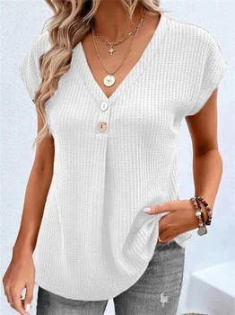 Kadın Giyim 2023 Yaz Kadın T Shirt Casual V Boyun Düğmesi Yarasa Kollu Gömlek Gevşek Kadın Üstleri