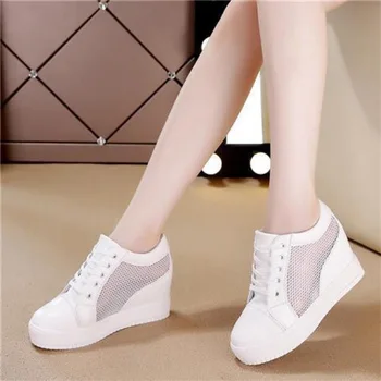 Kadın Kama Platformu Sneakers Kauçuk Brogue Deri Yüksek Topuklu bağcıklı ayakkabı Sivri Burun Yüksekliği Artan Sürüngen Beyaz Gümüş