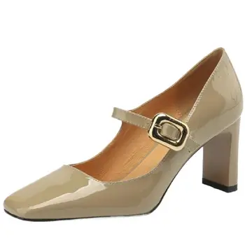 Klasik Mary Janes Ayakkabı Kadın Hakiki Deri Pompaları Kare Ayak Toka Kayış Kalın Topuklu Ofis Kariyer Ayakkabı