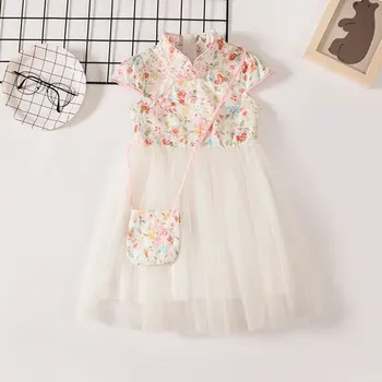 Kız elbisesi Yaz 2023 Yeni Örgü Gazlı Bez Prenses Etek Çin Tarzı Yabancı Stil Cheongsam Etek çocuk yaz elbisesi Etek