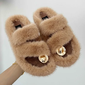 Kış Kadın Kürk Platformu Terlik Ev Ayakkabı Moda Faux Kürk sıcak ayakkabı Daireler üzerinde Kayma Pamuk Çizmeler Kadın Rahat yürüyüş ayakkabısı