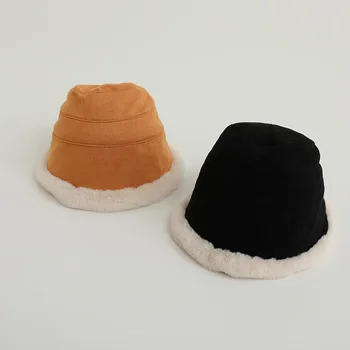 Kış çocuk şapkası, sevimli etnik tarzı artı kadife kalın bebek balıkçı şapka, yeni peluş çok yönlü moda kova şapka