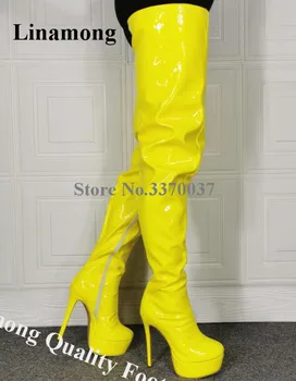 Linamong Shining Patent Deri Diz Üzerinde Yüksek Platformu Stiletto Topuk Çizmeler Ince Sarı Uyluk Yüksek Uzun Çizmeler Kulübü Elbise Çizmeler