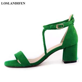 LOSLANDIFEN Ayakkabı Kadın Burnu açık Yumuşak Akın Kalın Yüksek Topuklu Sandalet Yaz Hollow Çapraz Toka Moda Bayanlar Ofis Ayakkabı Elbise