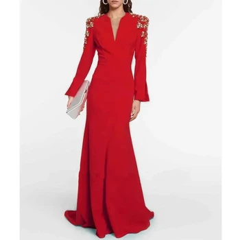 Lüks V Yaka Balo Elbise Mermaid Zarif Kırmızı gece elbisesi Taklidi Yüksek Uzun Kollu Boncuk Suudi Arabistan Kadın Resmi Elbise