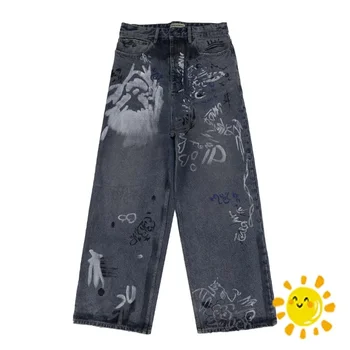 Moda Graffiti Kravat boyalı Fermuar Düz Bacak Kot Pantolon Erkekler Kadınlar için Yıkanmış Pantolon Hip Hop
