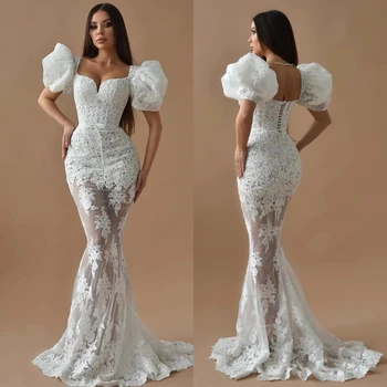 Moda Mermaid düğün elbisesi Aplikler Puf Kollu Lace Up gelinlikler Custom Made Vestidos De Novia Sirena
