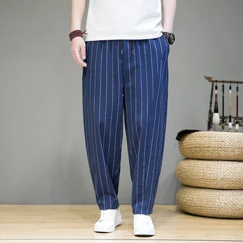 Moda Çizgili rahat pantolon Erkekler için Gevşek Pamuk Keten Pantolon Çin Tarzı Geniş Bacaklı Sweatpants Tam Boy Pantolon Pantolon D42